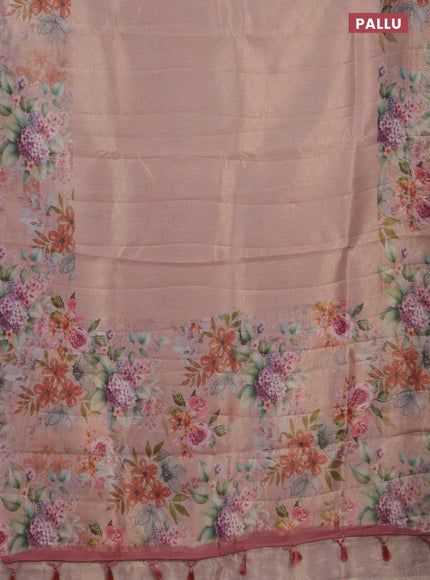 Tissue saree pastel peach with allover zari weaves and floral digital printed border