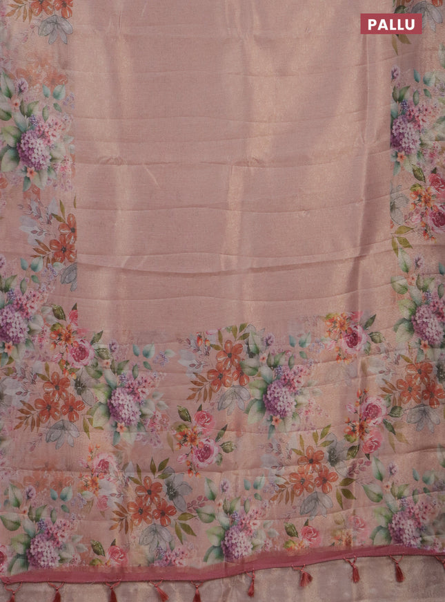 Tissue saree pastel peach with allover zari weaves and floral digital printed border