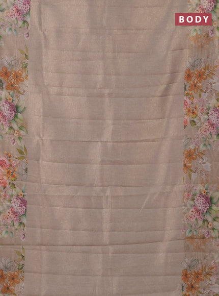 Tissue saree beige and green shade with allover zari weaves and floral digital printed border