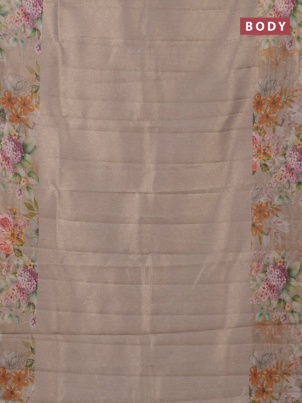 Tissue saree beige and green shade with allover zari weaves and floral digital printed border