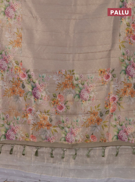 Tissue saree beige and green shade with allover zari weaves and floral digital printed border
