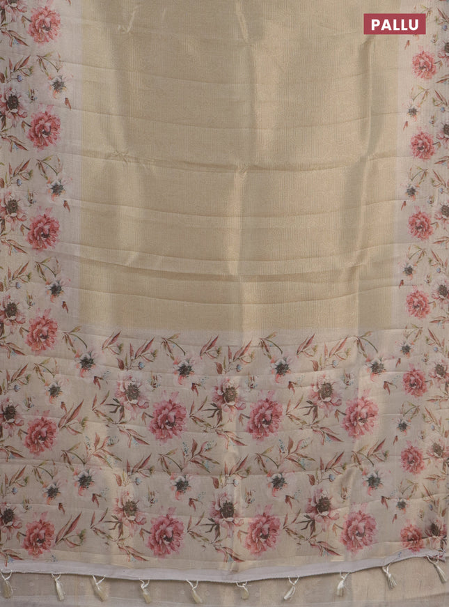 Tissue saree beige with allover zari weaves and floral digital printed border