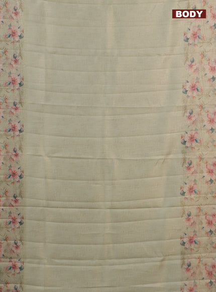 Tissue saree pista green with allover zari weaves and floral digital printed border