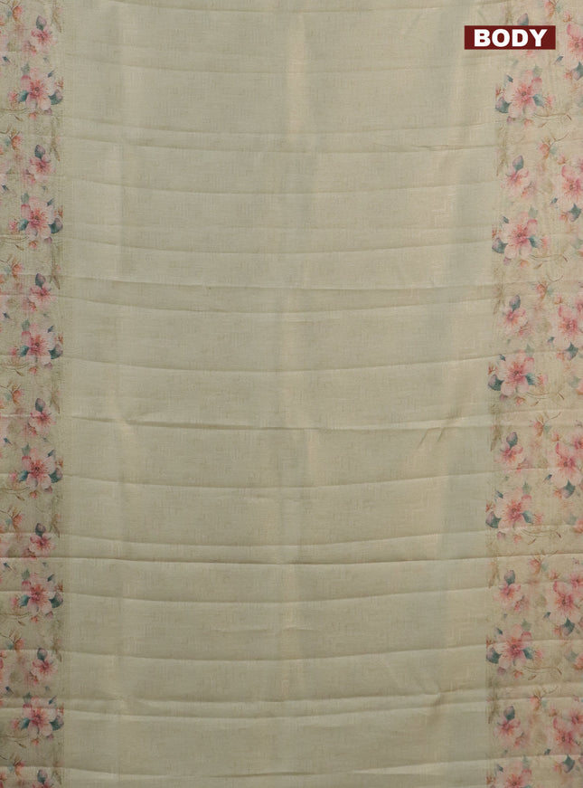 Tissue saree pista green with allover zari weaves and floral digital printed border