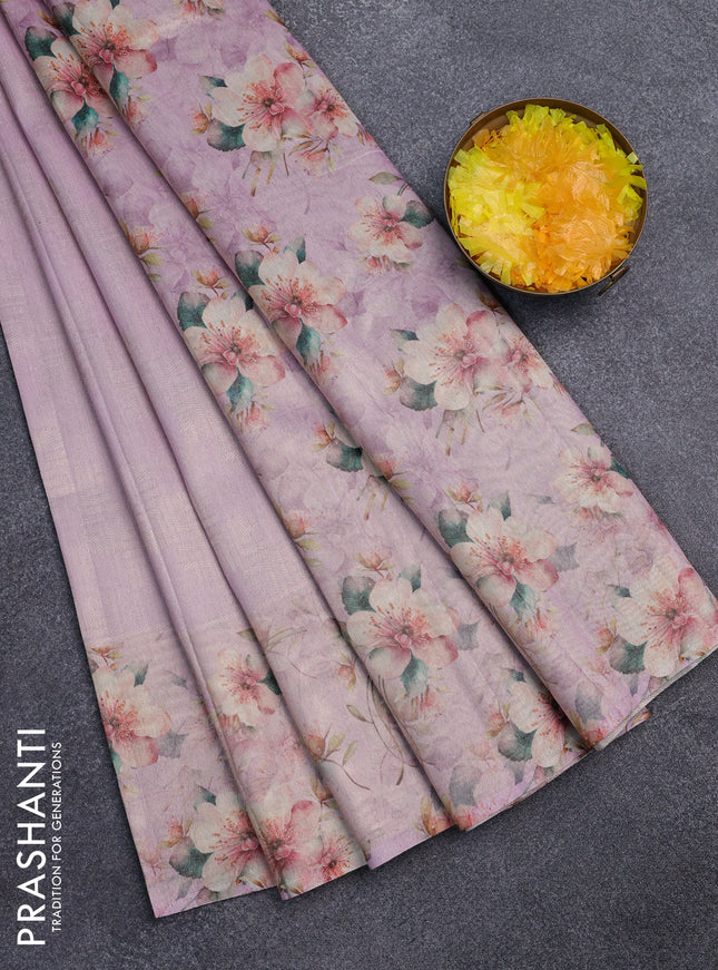 Tissue saree baby pink with allover zari weaves and floral digital printed border