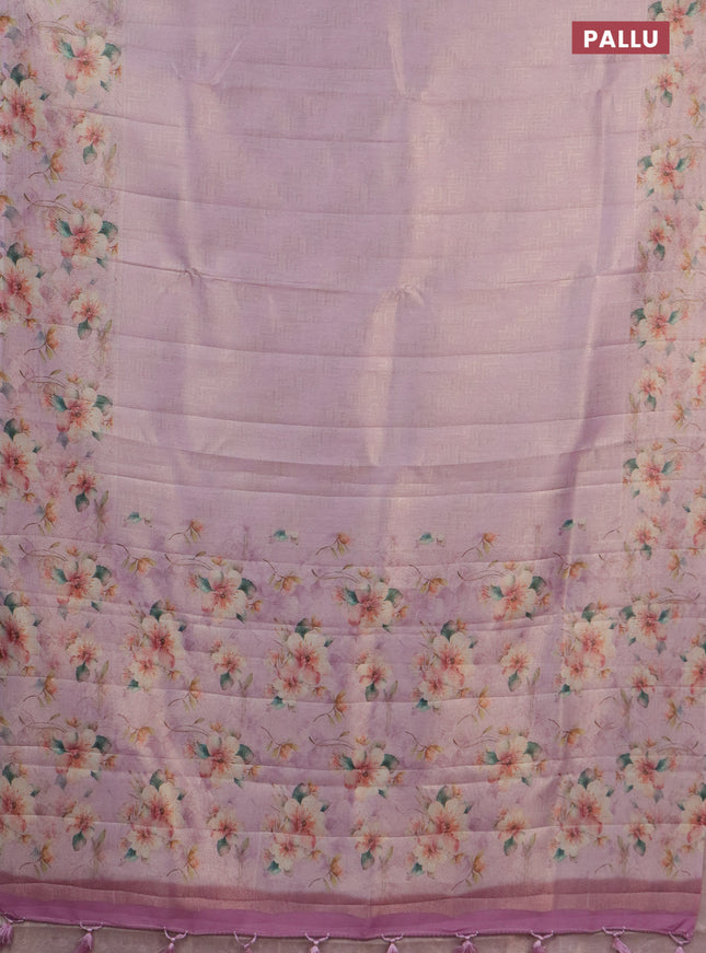 Tissue saree baby pink with allover zari weaves and floral digital printed border