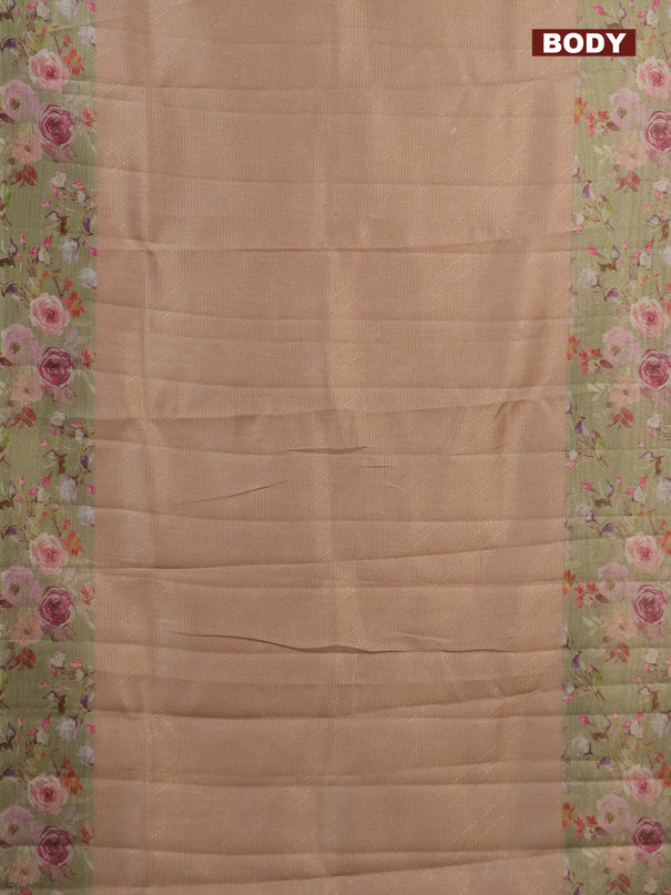 Tissue saree mild peach and pista green with allover zari weaves and floral digital printed border