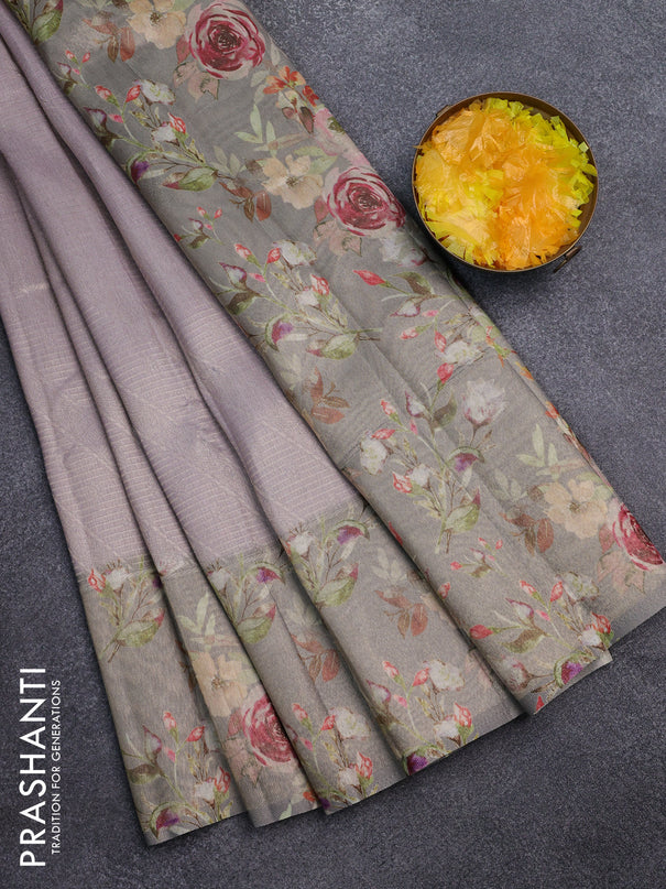 Tissue saree mild lavender and grey with allover zari weaves and floral digital printed border