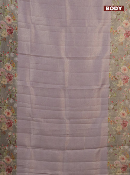 Tissue saree mild lavender and grey with allover zari weaves and floral digital printed border