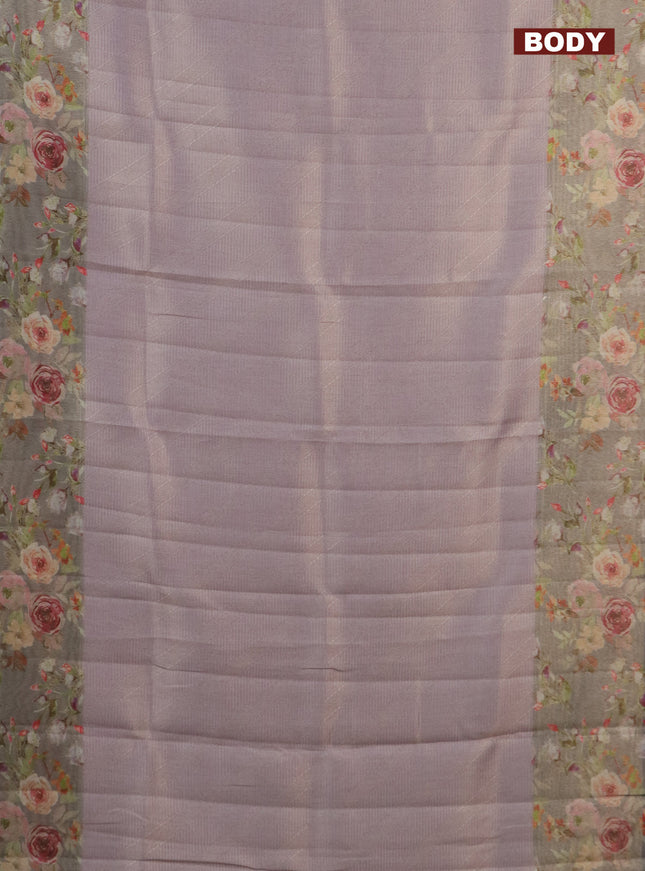 Tissue saree mild lavender and grey with allover zari weaves and floral digital printed border