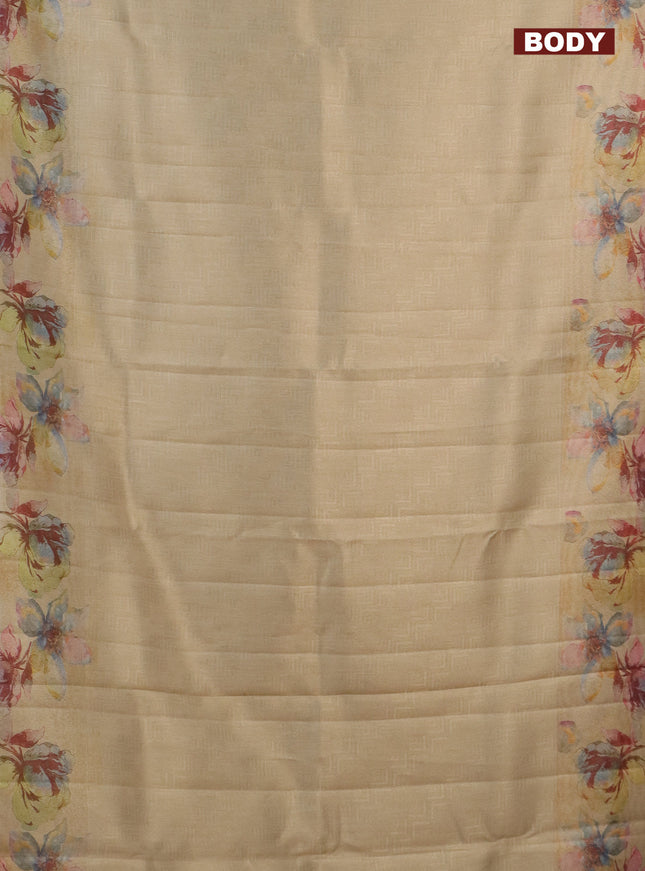 Tissue saree sandal and pale orange with allover zari weaves and floral digital printed border