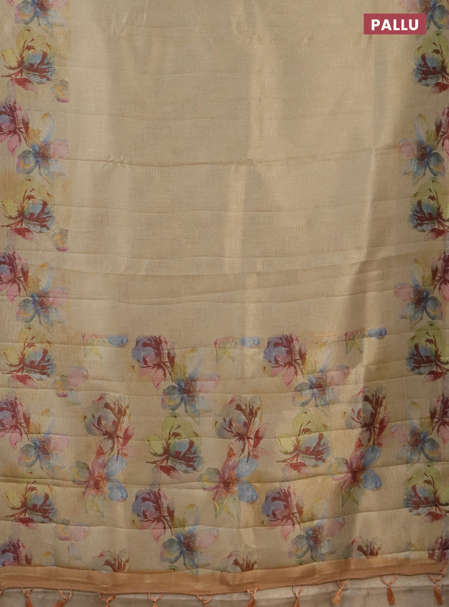 Tissue saree sandal and pale orange with allover zari weaves and floral digital printed border