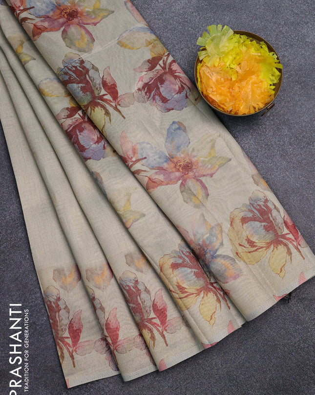 Tissue saree beige with allover zari weaves and floral digital printed border