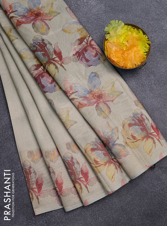 Tissue saree beige with allover zari weaves and floral digital printed border