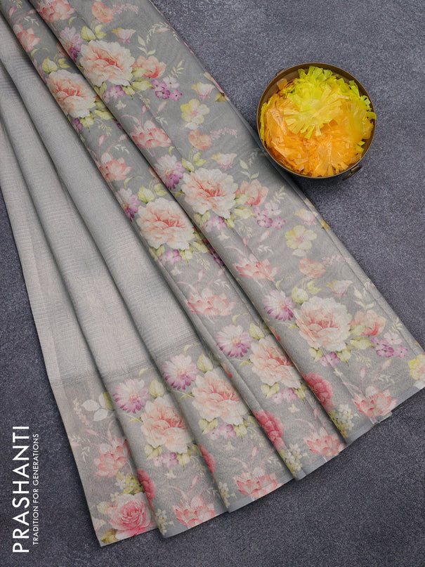 Tissue saree grey shade with allover zari weaves and floral digital printed border