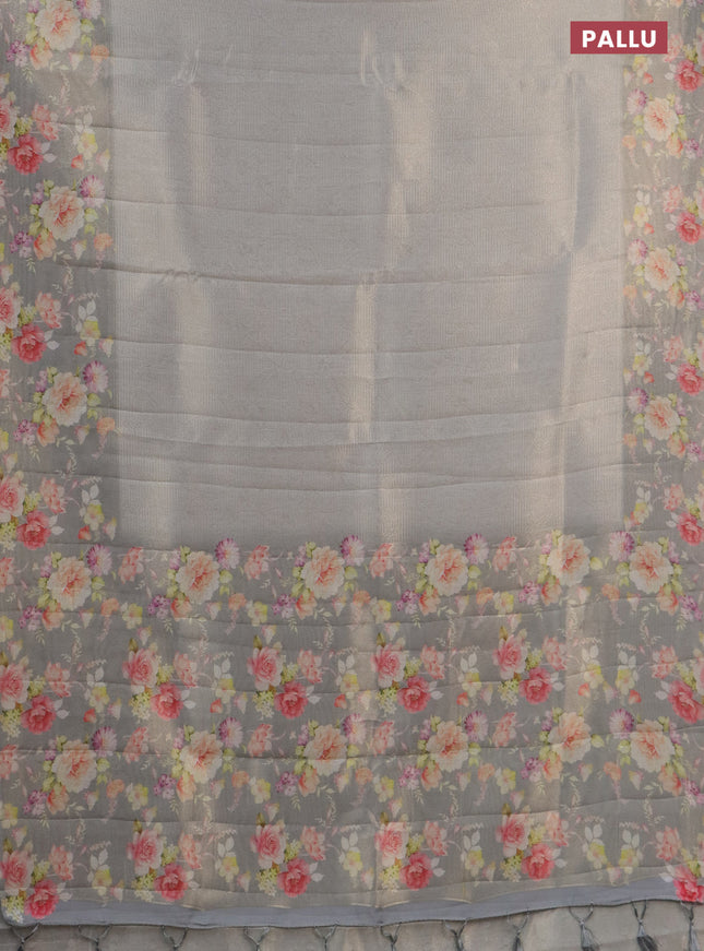 Tissue saree grey shade with allover zari weaves and floral digital printed border