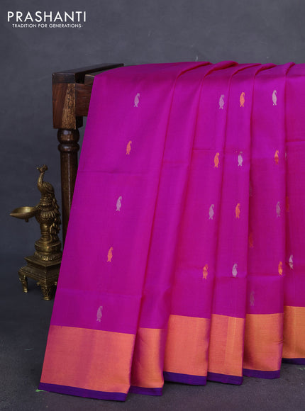 Pure uppada silk saree magenta pink and dark blue with silver & gold zari woven paisley buttas and jamdhani design pallu & zari woven border