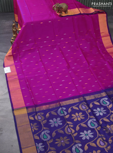 Pure uppada silk saree magenta pink and dark blue with silver & gold zari woven paisley buttas and jamdhani design pallu & zari woven border
