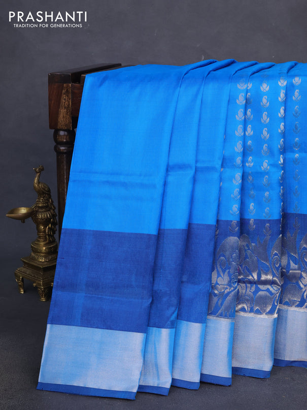 Pure uppada silk saree cs blue and blue with allover silver zari woven butta weaves and silver zari woven border