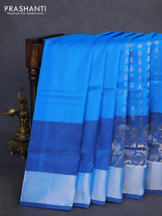 Pure uppada silk saree cs blue and blue with allover silver zari woven butta weaves and silver zari woven border