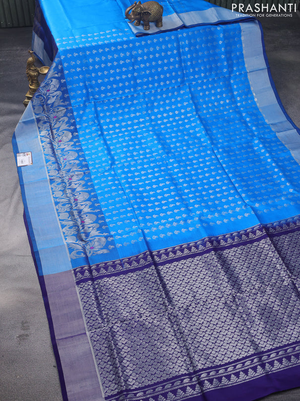 Pure uppada silk saree cs blue and blue with allover silver zari woven butta weaves and silver zari woven border