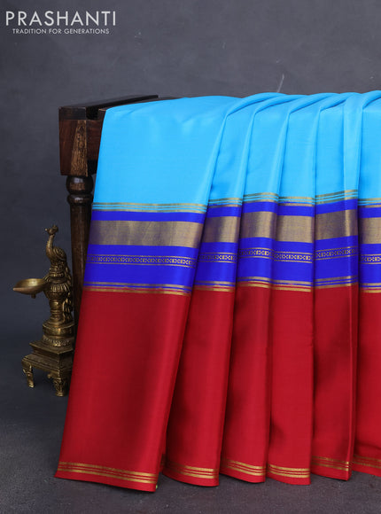 Pure mysore silk saree light blue and blue maroon with plain body and long rettapet zari woven border