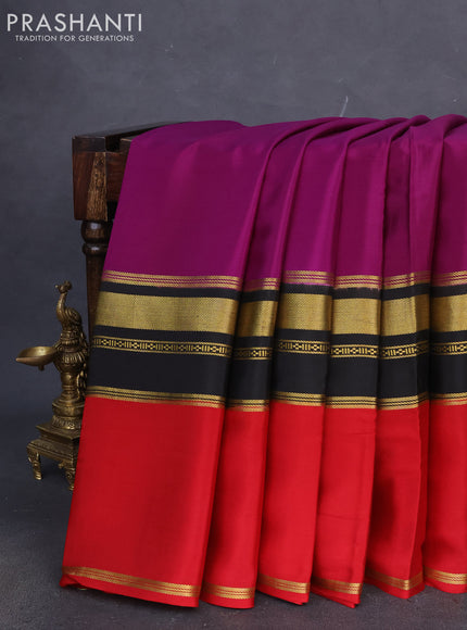 Pure mysore silk saree purple and black red with plain body and rettapet zari woven border