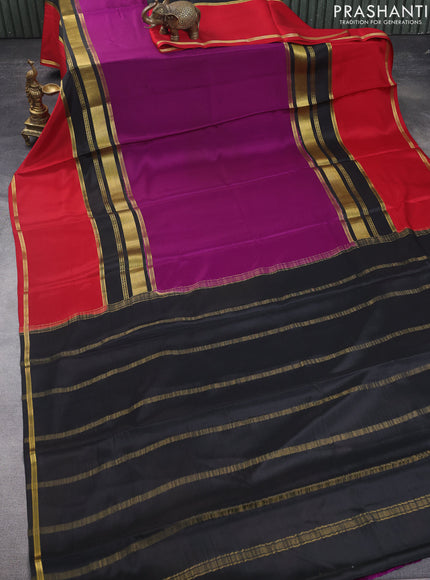 Pure mysore silk saree purple and black red with plain body and rettapet zari woven border