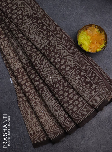 Chanderi silk cotton saree brown and beige with allover prints & mirror work and printed border