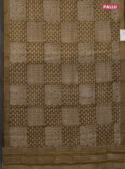 Chanderi silk cotton saree mustard green shade and beige with allover prints & mirror work and printed border