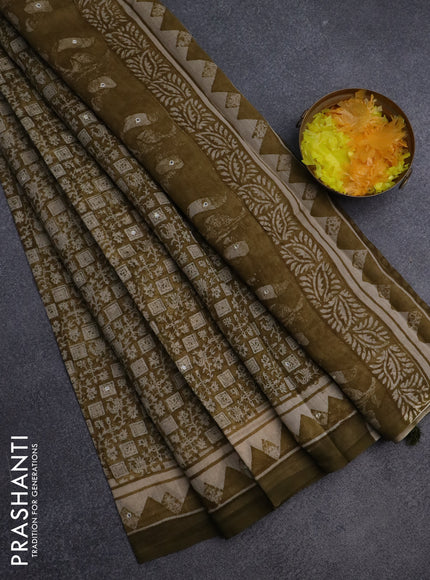 Chanderi silk cotton saree mustard green shade with allover prints & mirror work and mirror work printed border