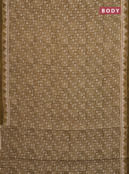 Chanderi silk cotton saree mustard green shade with allover prints & mirror work and mirror work printed border