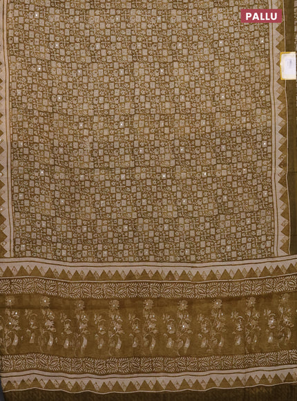 Chanderi silk cotton saree mustard green shade with allover prints & mirror work and mirror work printed border