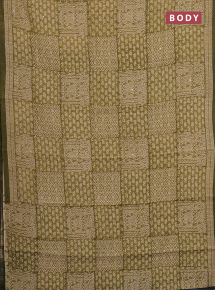 Chanderi silk cotton saree mehendi green and beige with allover prints & mirror work and printed border