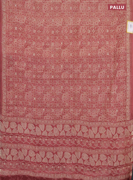 Chanderi silk cotton saree pastel maroon and beige with allover prints & mirror work and printed border
