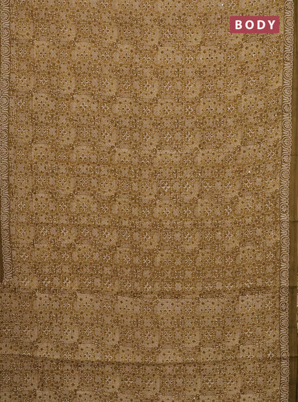 Chanderi silk cotton saree mustard green with allover prints & mirror work and printed border