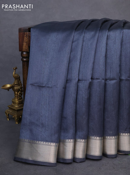 Semi dupion saree elephant grey and beige with plain body and madhubani prints pallu