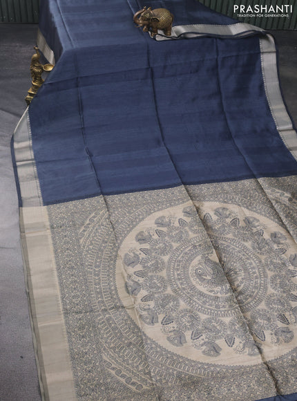 Semi dupion saree elephant grey and beige with plain body and madhubani prints pallu