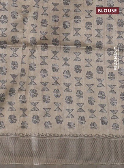 Semi dupion saree elephant grey and beige with plain body and madhubani prints pallu