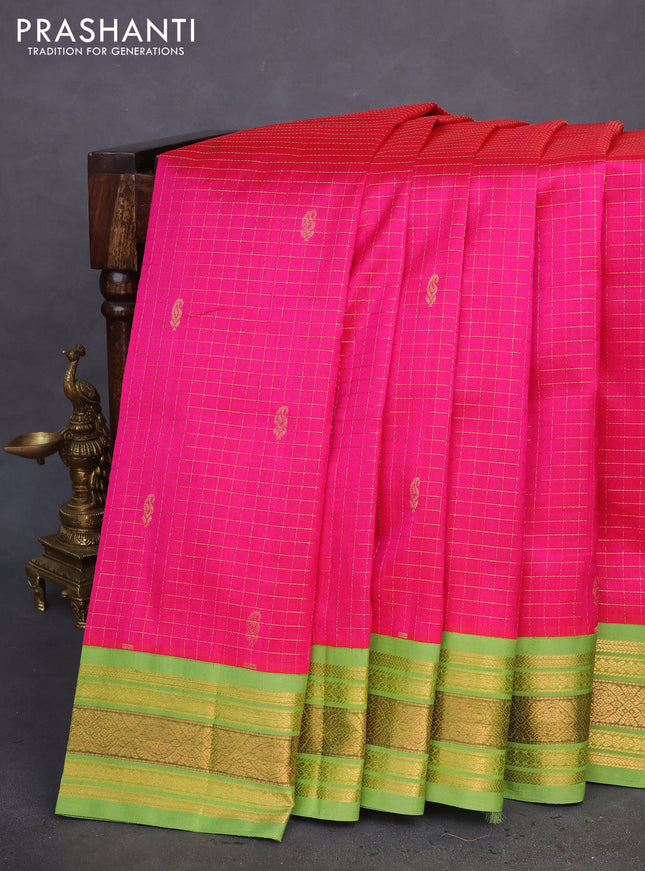 Silk cotton saree pink and green with allover zari checks & buttas and zari woven korvai border