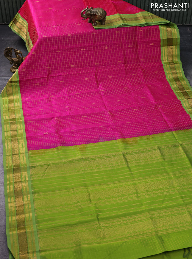 Silk cotton saree pink and green with allover zari checks & buttas and zari woven korvai border