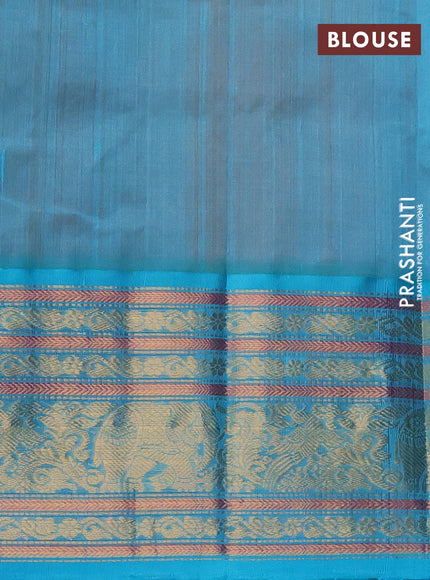 Kuppadam silk cotton saree orange and teal blue with allover small zari checked pattern and long zari woven border