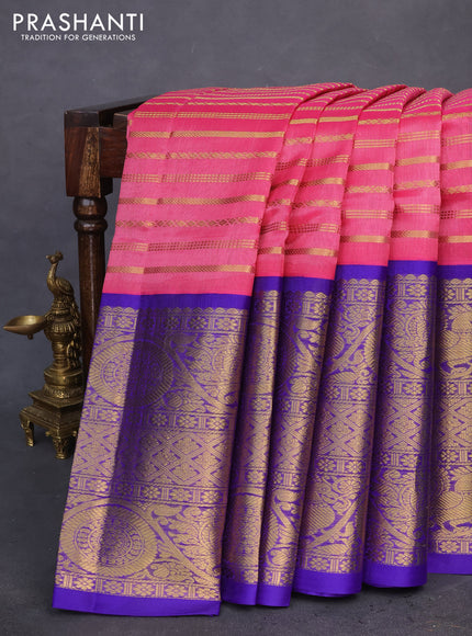 Kuppadam silk cotton saree pink and blue with allover zari woven stripes pattern and long zari woven border