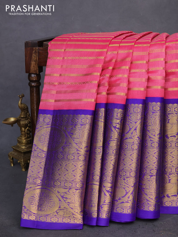 Kuppadam silk cotton saree pink and blue with allover zari woven stripes pattern and long zari woven border
