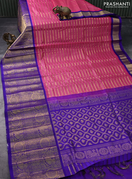 Kuppadam silk cotton saree pink and blue with allover zari woven stripes pattern and long zari woven border