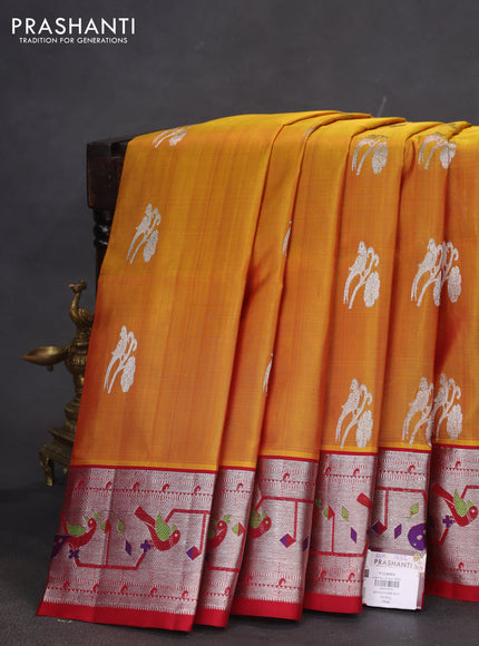 Venkatagiri silk saree mustard yellow and maroon with silver zari woven buttas and silver zari woven paithani design border