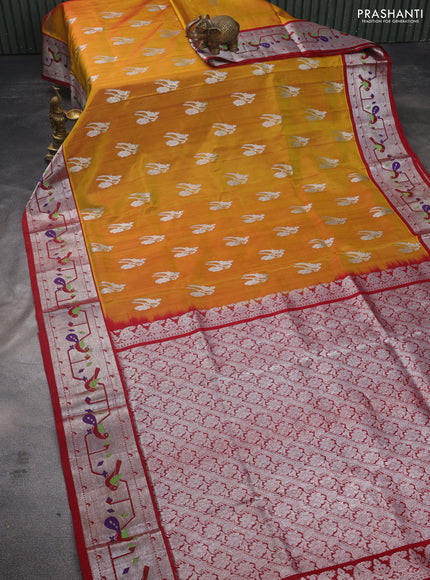 Venkatagiri silk saree mustard yellow and maroon with silver zari woven buttas and silver zari woven paithani design border
