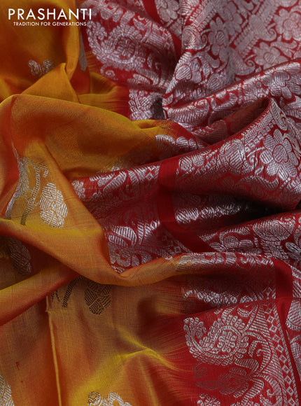 Venkatagiri silk saree mustard yellow and maroon with silver zari woven buttas and silver zari woven paithani design border