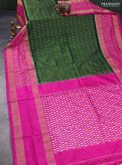 Pochampally silk saree green and pink with allover ikat weaves and long zari woven ikat border