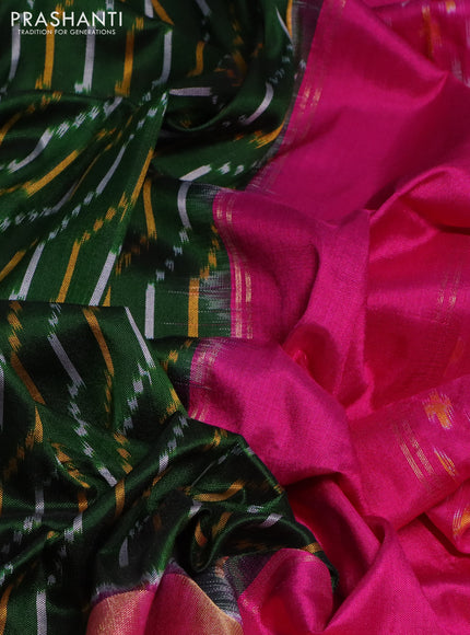 Pochampally silk saree green and pink with allover ikat weaves and long zari woven ikat border